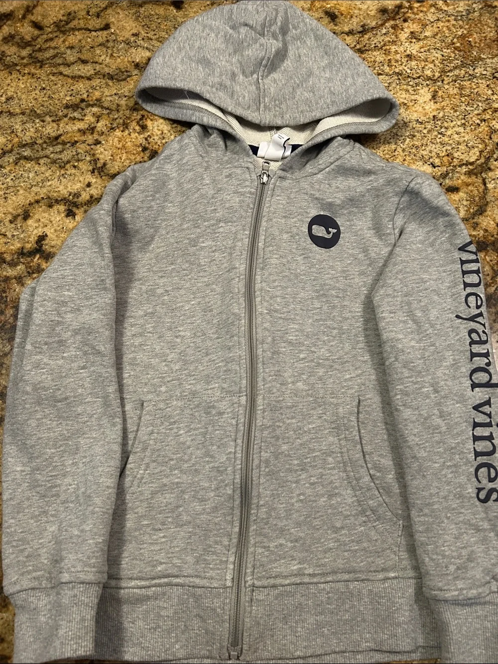 Vineyard Vines Kids Gray Zip Hoodie with Navy Whale Logo
